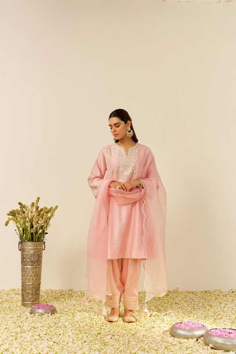Aiza - Short Chauga With Salwar-Blush Pink silk by SHEETAL BATRA in blush color for women Worldwide