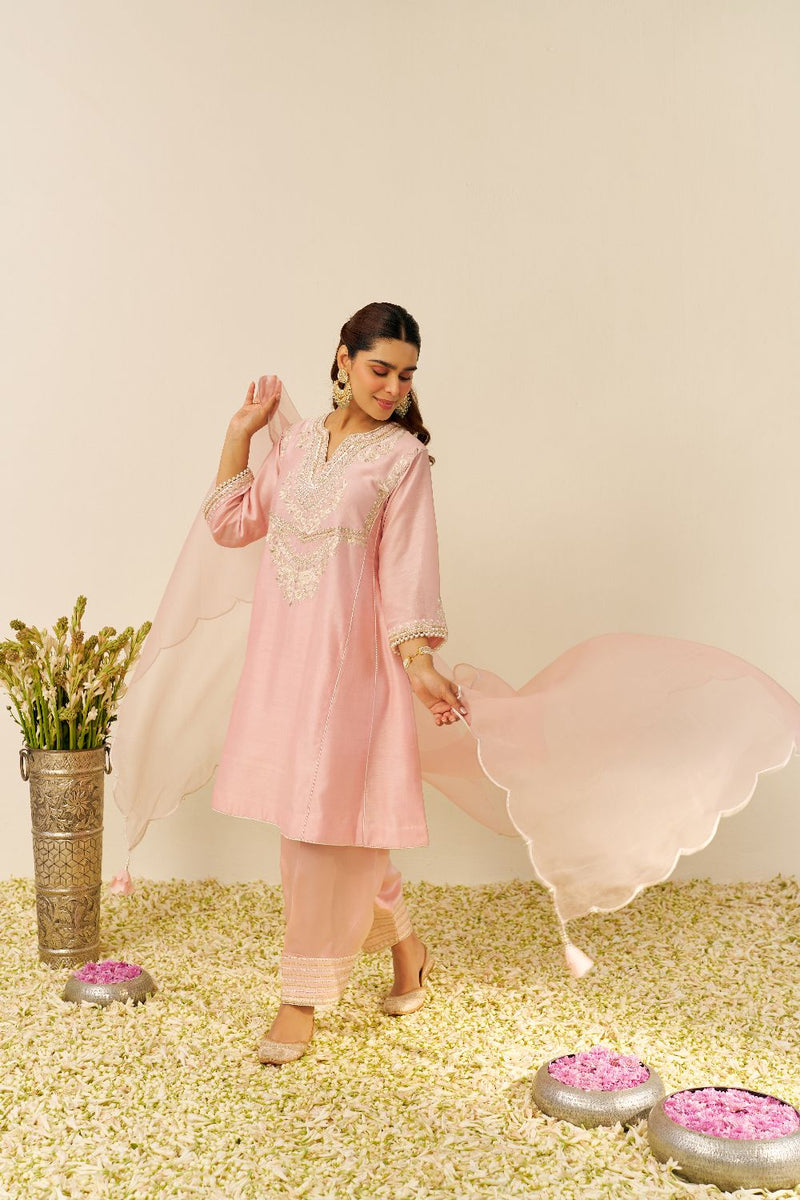 Aiza - Short Chauga With Salwar-Blush Pink silk by SHEETAL BATRA in blush color for women Worldwide