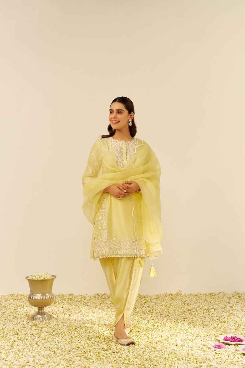 Zaisha - Short Kurta With Dhoti-Lemon Yellow silk by SHEETAL BATRA in yellow color for women Worldwide
