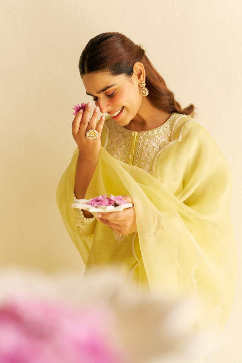 Zaisha - Short Kurta With Dhoti-Lemon Yellow silk by SHEETAL BATRA in yellow color for women Worldwide