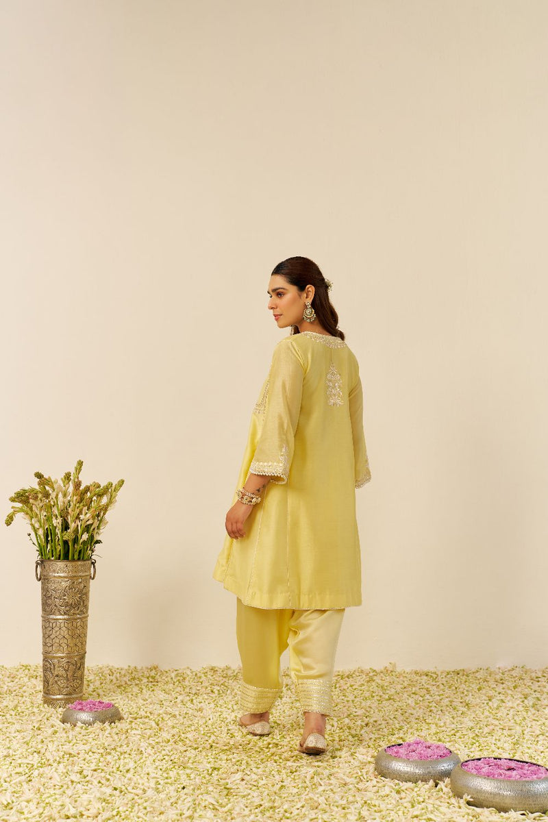 Aiza - Short Chauga With Salwar-Lemon Yellow silk by SHEETAL BATRA in yellow color for women Worldwide