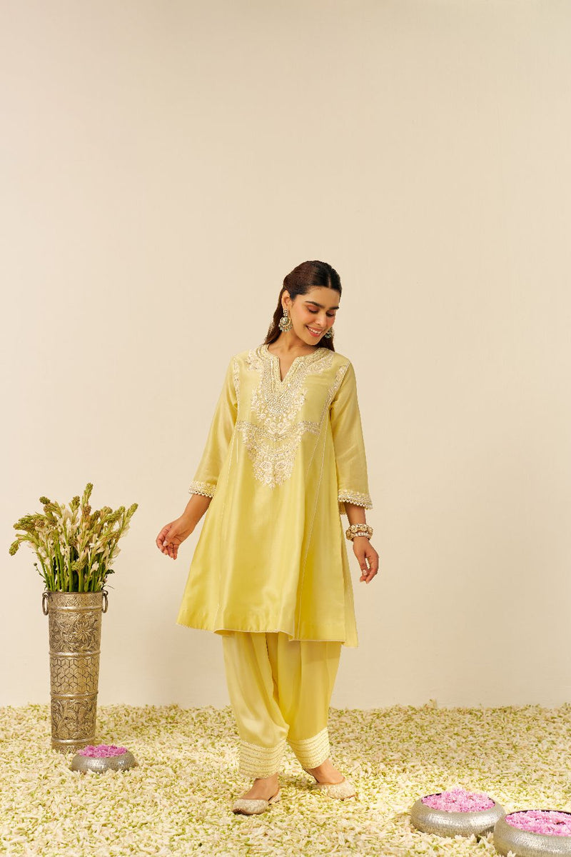 Aiza - Short Chauga With Salwar-Lemon Yellow silk by SHEETAL BATRA in yellow color for women Worldwide