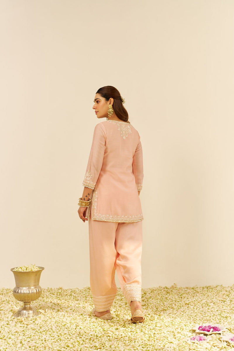 Haniya - Short Kurta With Salwar And Dupatta-Off Rose silk by SHEETAL BATRA in pink color for women Worldwide