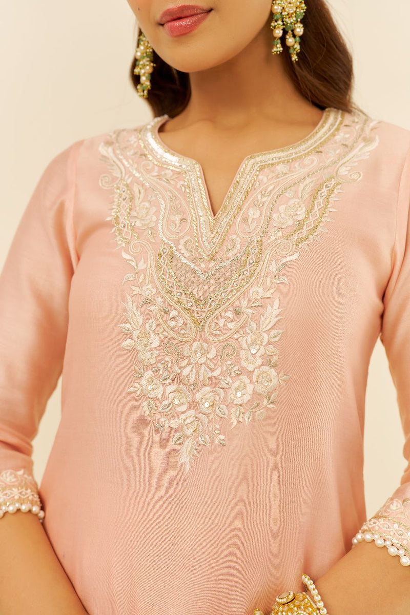 Haniya - Short Kurta With Salwar And Dupatta-Off Rose silk by SHEETAL BATRA in pink color for women Worldwide