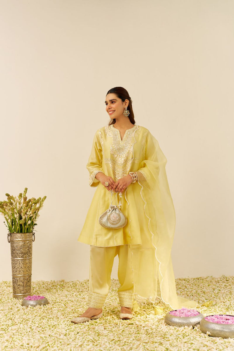 Aiza - Short Chauga With Salwar-Lemon Yellow silk by SHEETAL BATRA in yellow color for women Worldwide