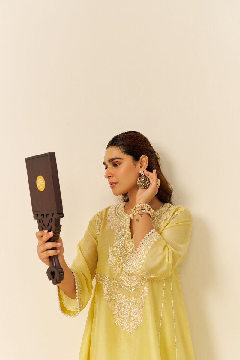 Aiza - Short Chauga With Salwar-Lemon Yellow silk by SHEETAL BATRA in yellow color for women Worldwide
