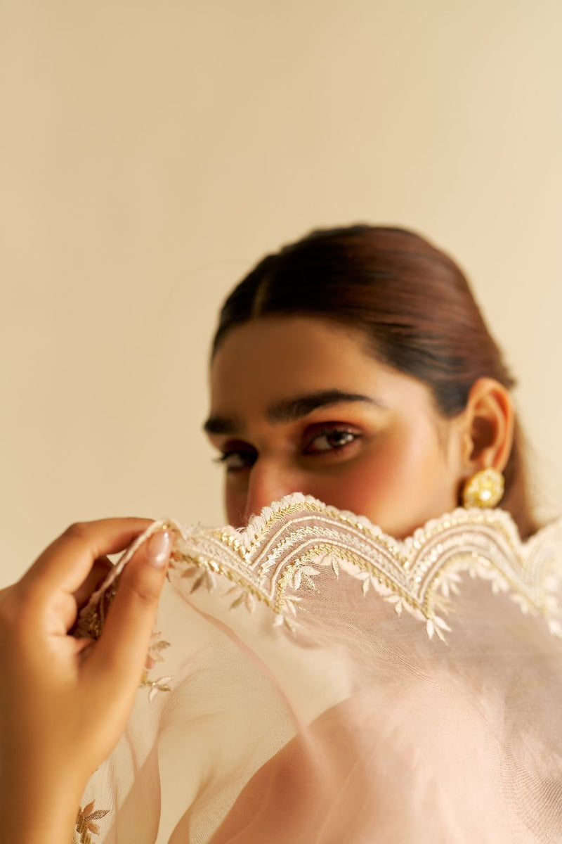 Haniya - Short Kurta With Salwar And Dupatta-Off Rose silk by SHEETAL BATRA in pink color for women Worldwide