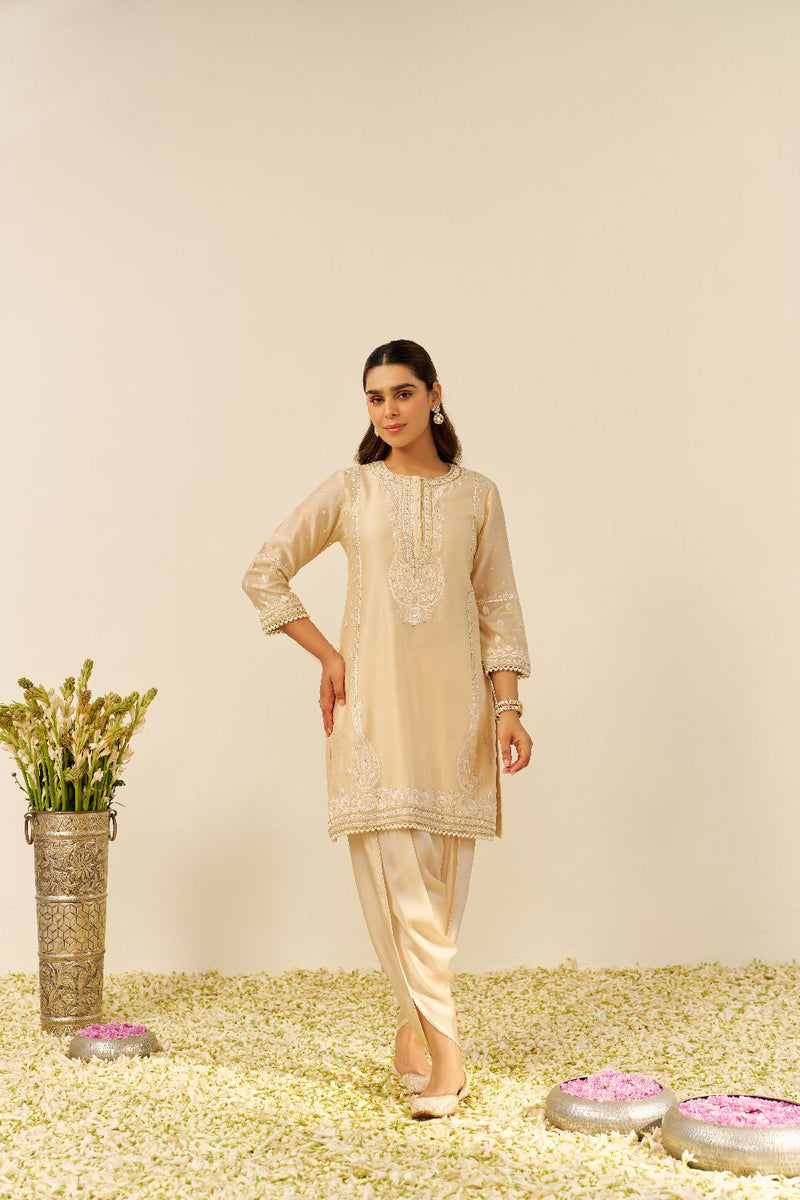 Zahra - Short Kurta With Dhoti-Beige silk by SHEETAL BATRA in beige color for women Worldwide