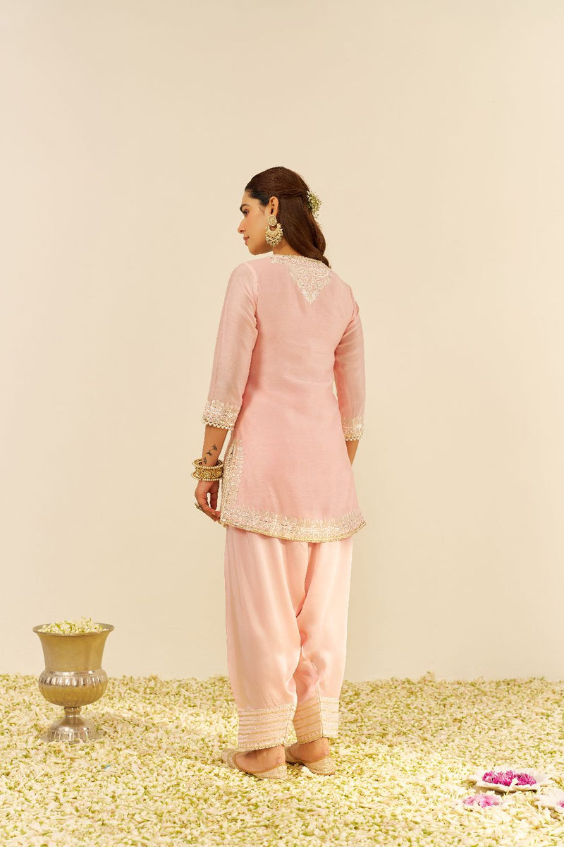 Sara - Short Kurta With Salwar And Dupatta-Blush Pink silk by SHEETAL BATRA in blush color for women Worldwide