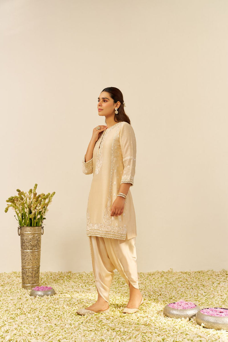 Zahra - Short Kurta With Dhoti-Beige silk by SHEETAL BATRA in beige color for women Worldwide