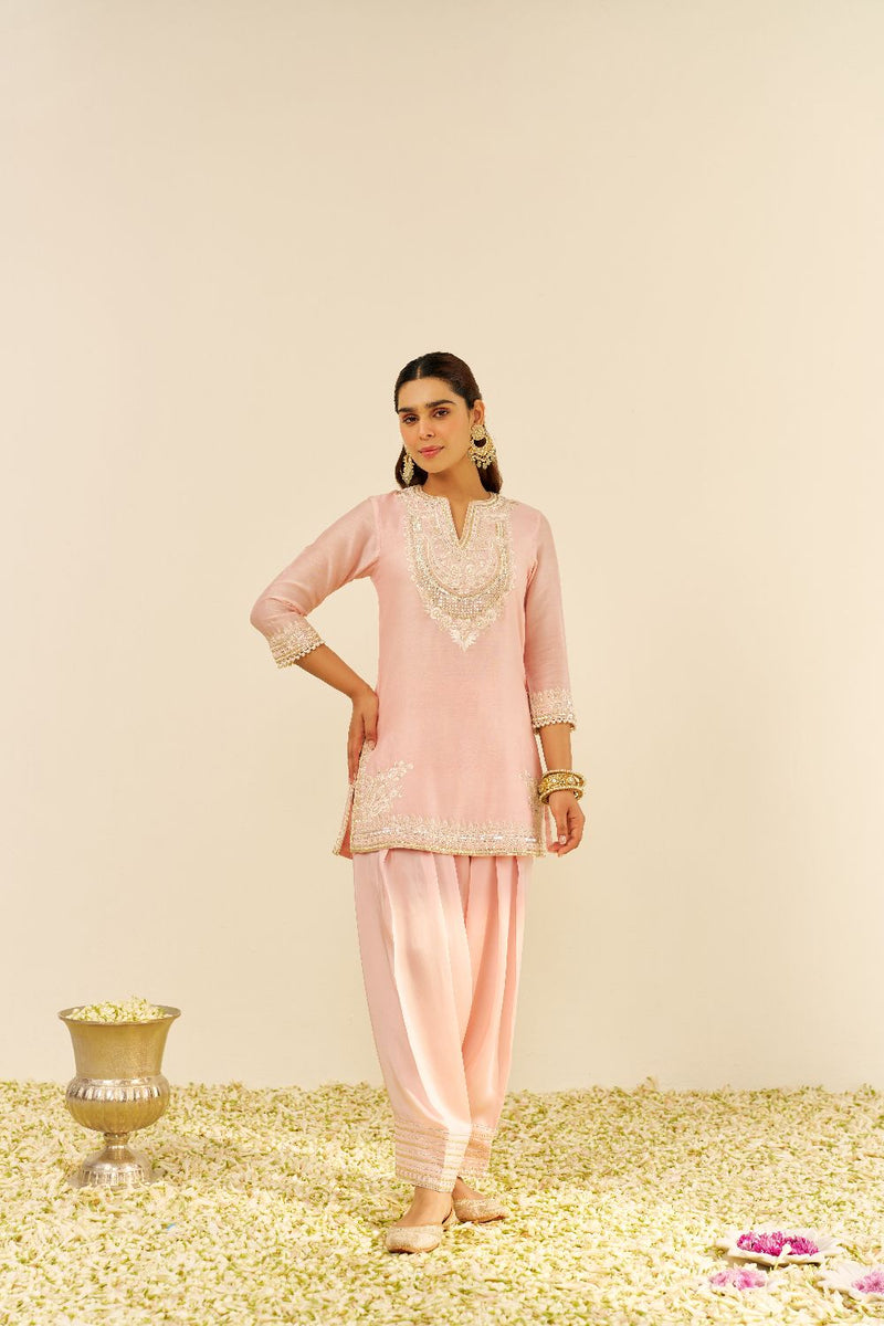Sara - Short Kurta With Salwar And Dupatta-Blush Pink silk by SHEETAL BATRA in blush color for women Worldwide