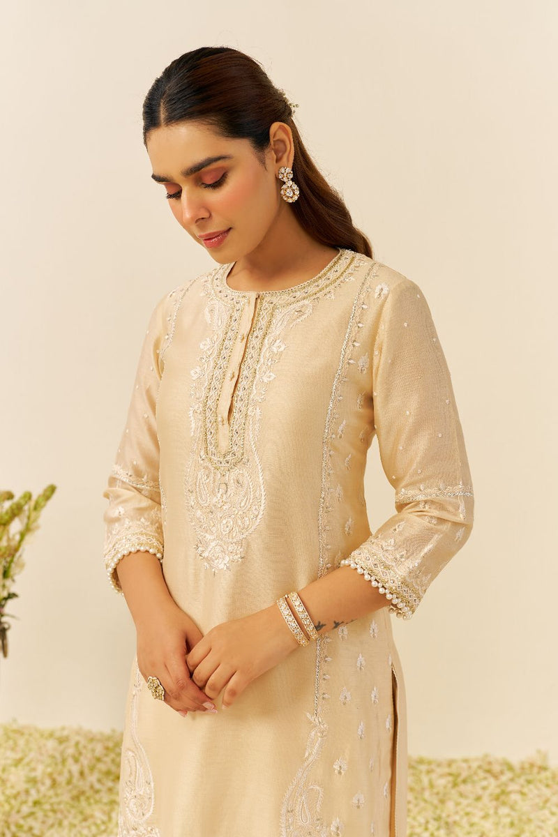 Zahra - Short Kurta With Dhoti-Beige silk by SHEETAL BATRA in beige color for women Worldwide