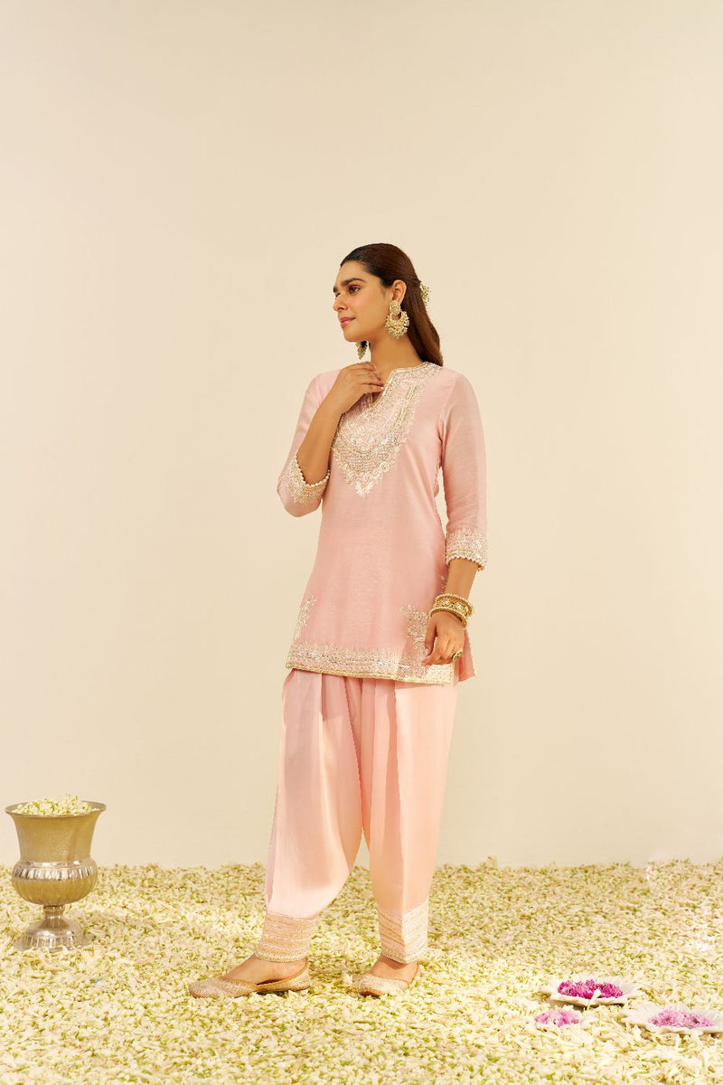 Sara - Short Kurta With Salwar And Dupatta-Blush Pink silk by SHEETAL BATRA in blush color for women Worldwide