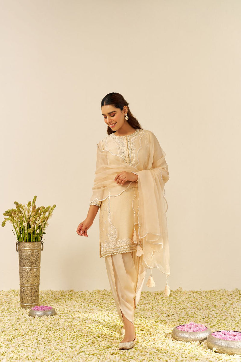 Zahra - Short Kurta With Dhoti-Beige silk by SHEETAL BATRA in beige color for women Worldwide
