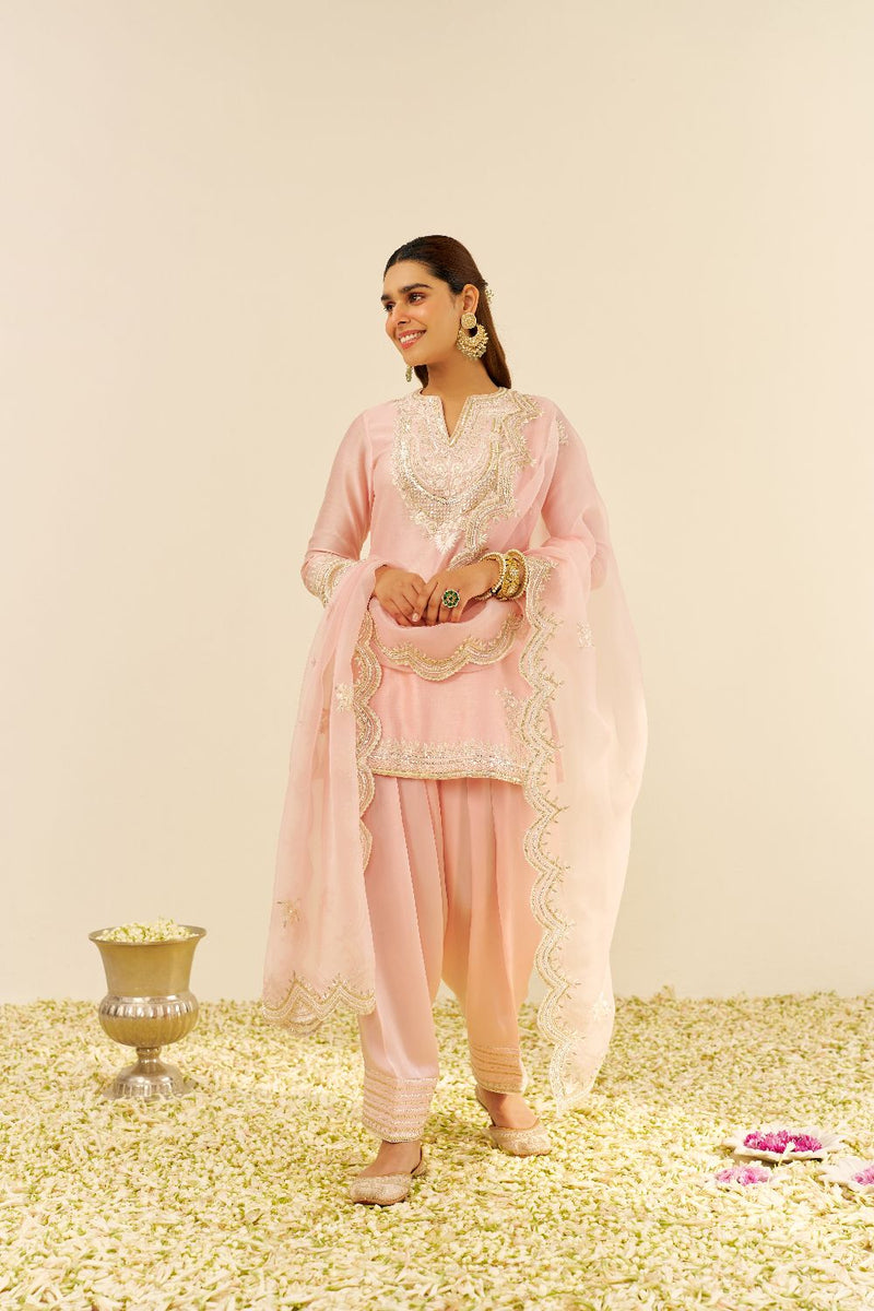 Sara - Short Kurta With Salwar And Dupatta-Blush Pink silk by SHEETAL BATRA in blush color for women Worldwide
