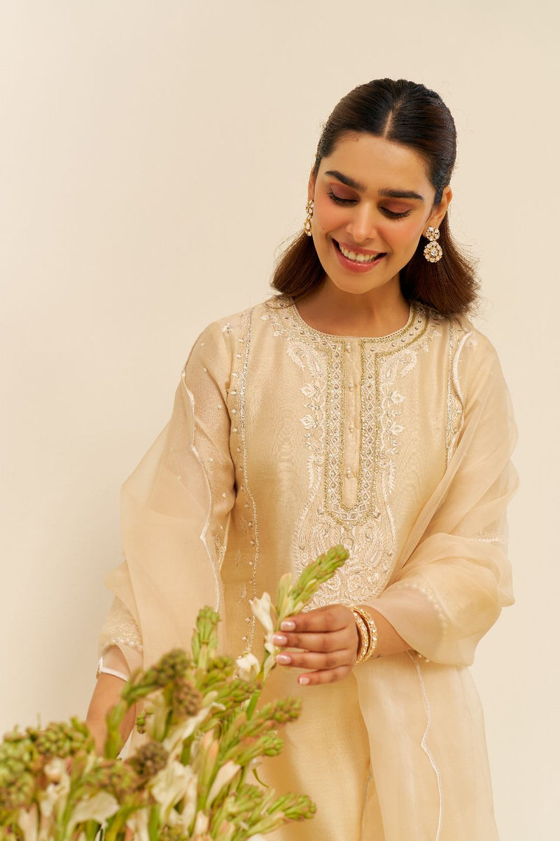 Zahra - Short Kurta With Dhoti-Beige silk by SHEETAL BATRA in beige color for women Worldwide