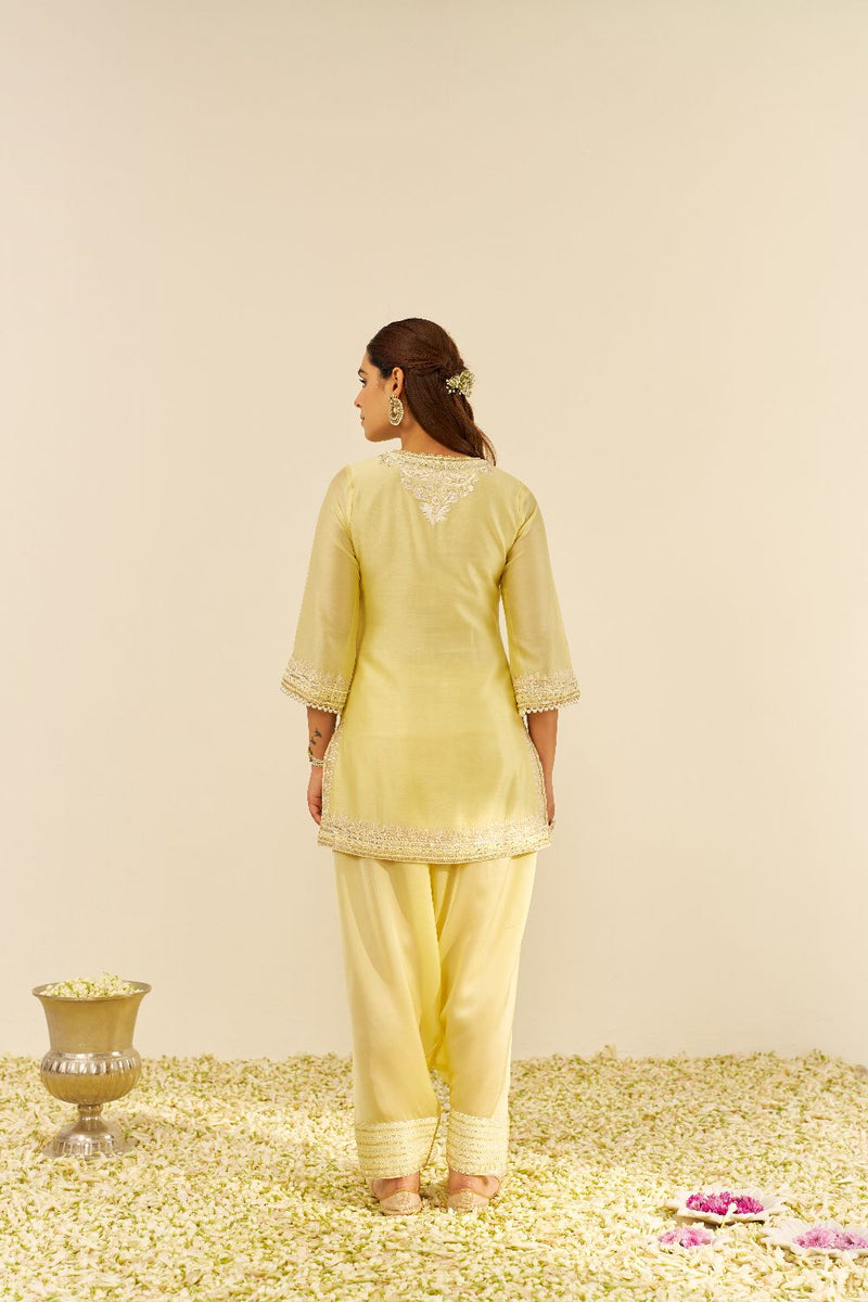 Sara - Short Kurta With Salwar And Dupatta-Lemon Yellow silk by SHEETAL BATRA in yellow color for women Worldwide