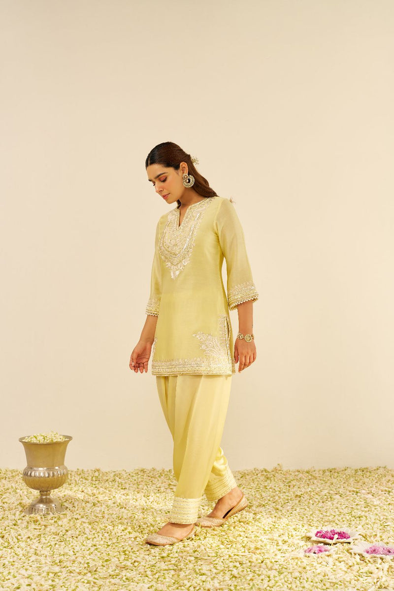 Sara - Short Kurta With Salwar And Dupatta-Lemon Yellow silk by SHEETAL BATRA in yellow color for women Worldwide