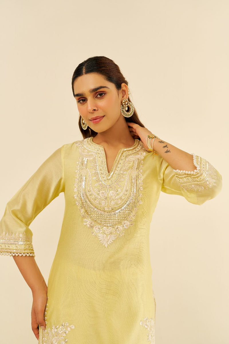 Sara - Short Kurta With Salwar And Dupatta-Lemon Yellow silk by SHEETAL BATRA in yellow color for women Worldwide