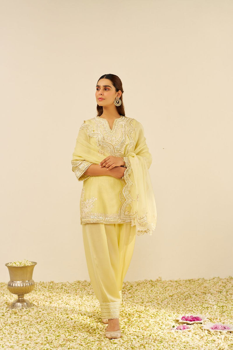 Sara - Short Kurta With Salwar And Dupatta-Lemon Yellow silk by SHEETAL BATRA in yellow color for women Worldwide