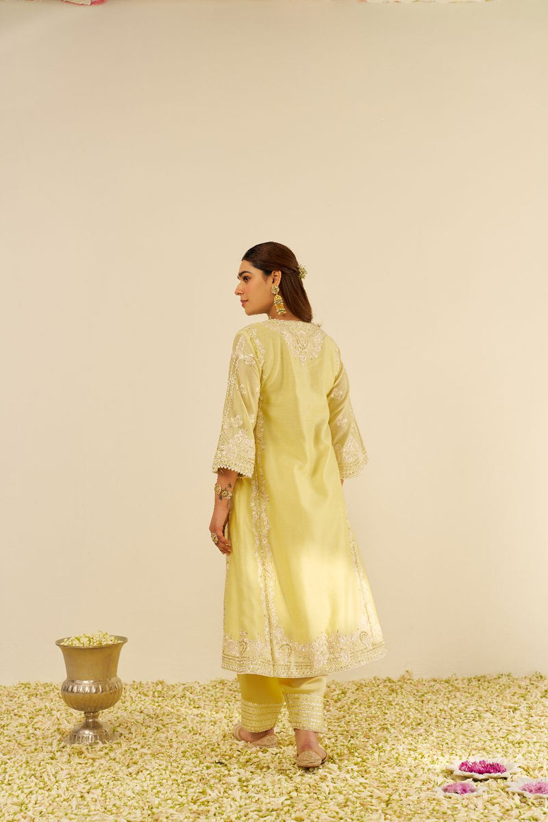 Maziya - Long Chauga With Salwar And Dupatta-Lemon Yellow silk by SHEETAL BATRA in yellow color for women Worldwide