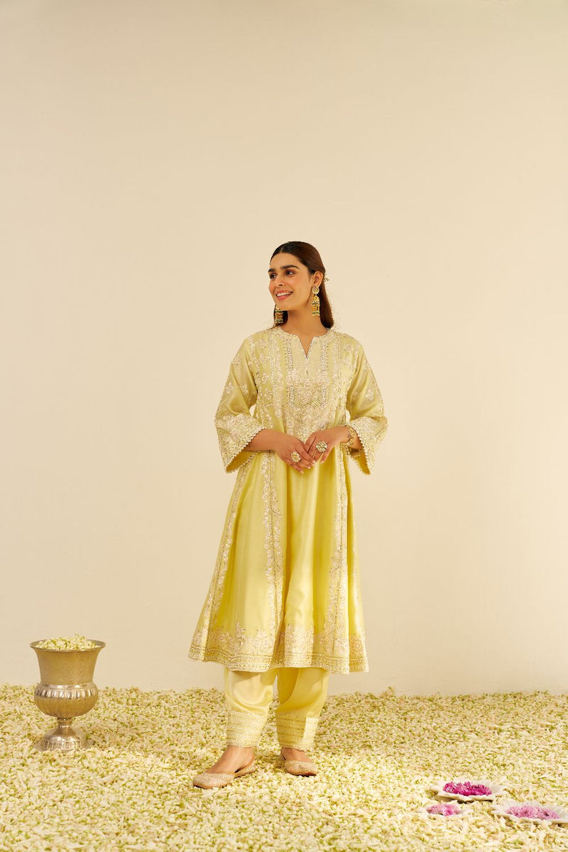 Maziya - Long Chauga With Salwar And Dupatta-Lemon Yellow silk by SHEETAL BATRA in yellow color for women Worldwide