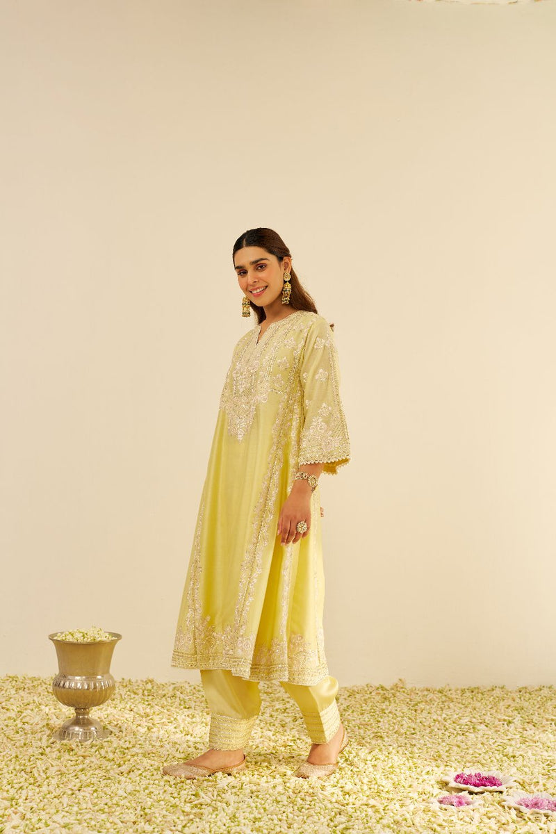 Maziya - Long Chauga With Salwar And Dupatta-Lemon Yellow silk by SHEETAL BATRA in yellow color for women Worldwide
