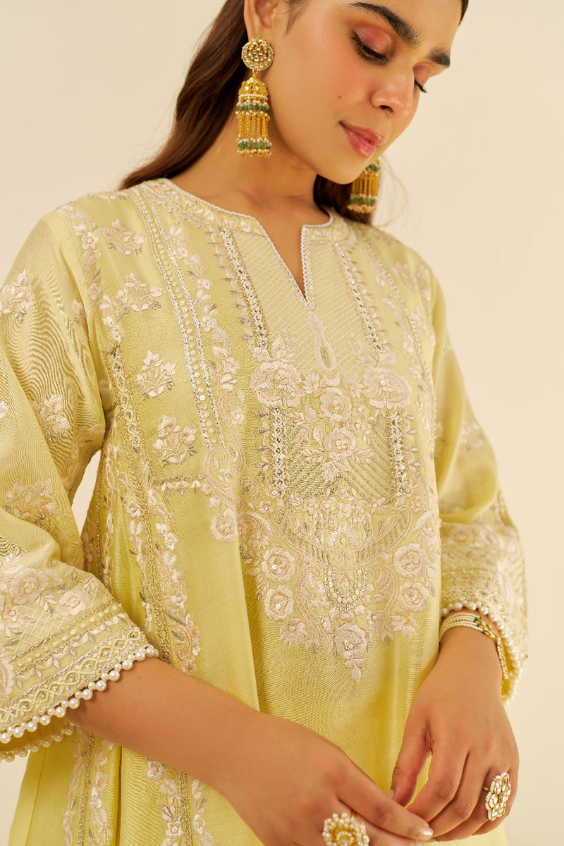 Maziya - Long Chauga With Salwar And Dupatta-Lemon Yellow silk by SHEETAL BATRA in yellow color for women Worldwide