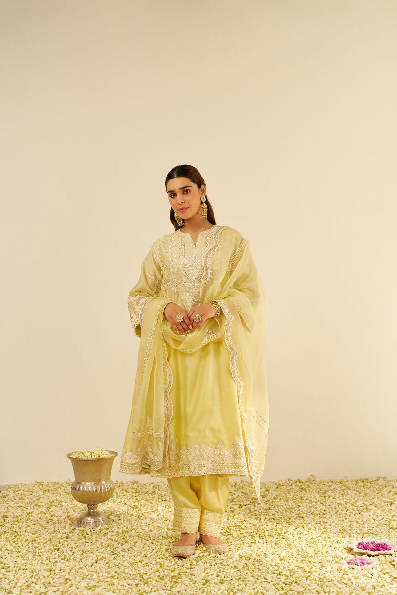 Maziya - Long Chauga With Salwar And Dupatta-Lemon Yellow silk by SHEETAL BATRA in yellow color for women Worldwide