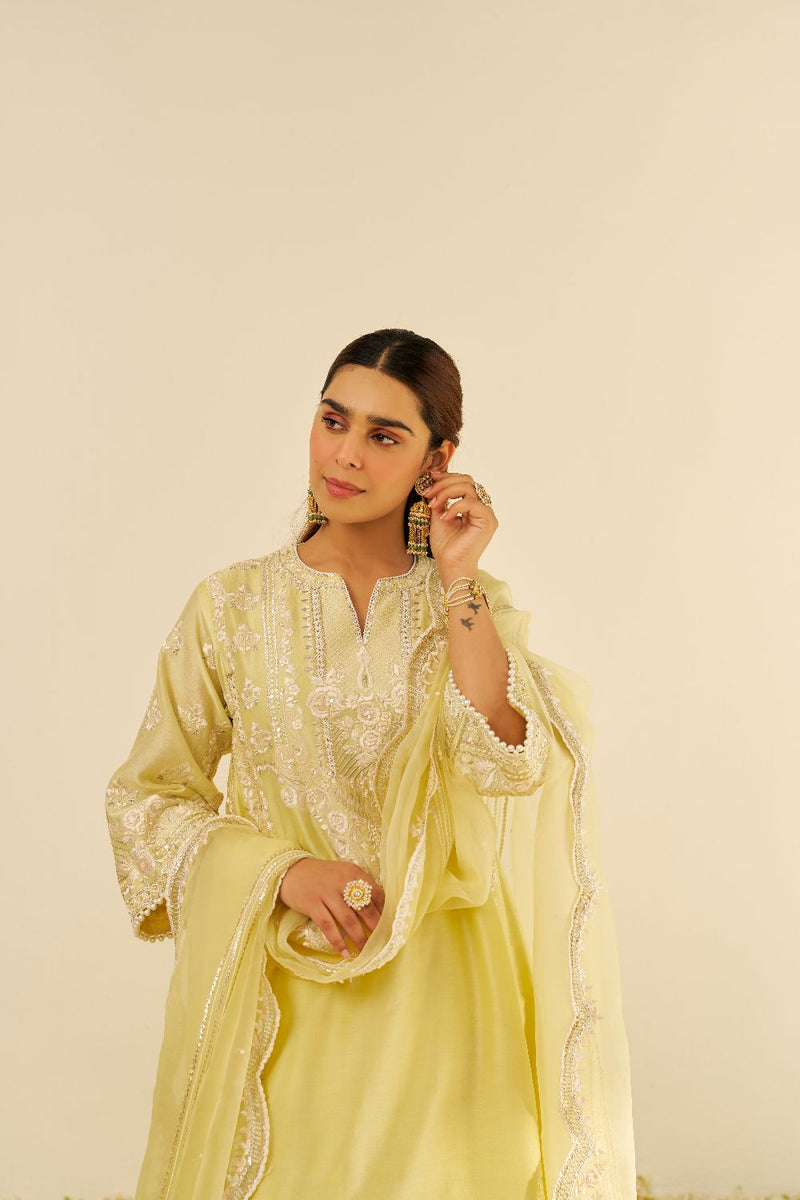 Maziya - Long Chauga With Salwar And Dupatta-Lemon Yellow silk by SHEETAL BATRA in yellow color for women Worldwide