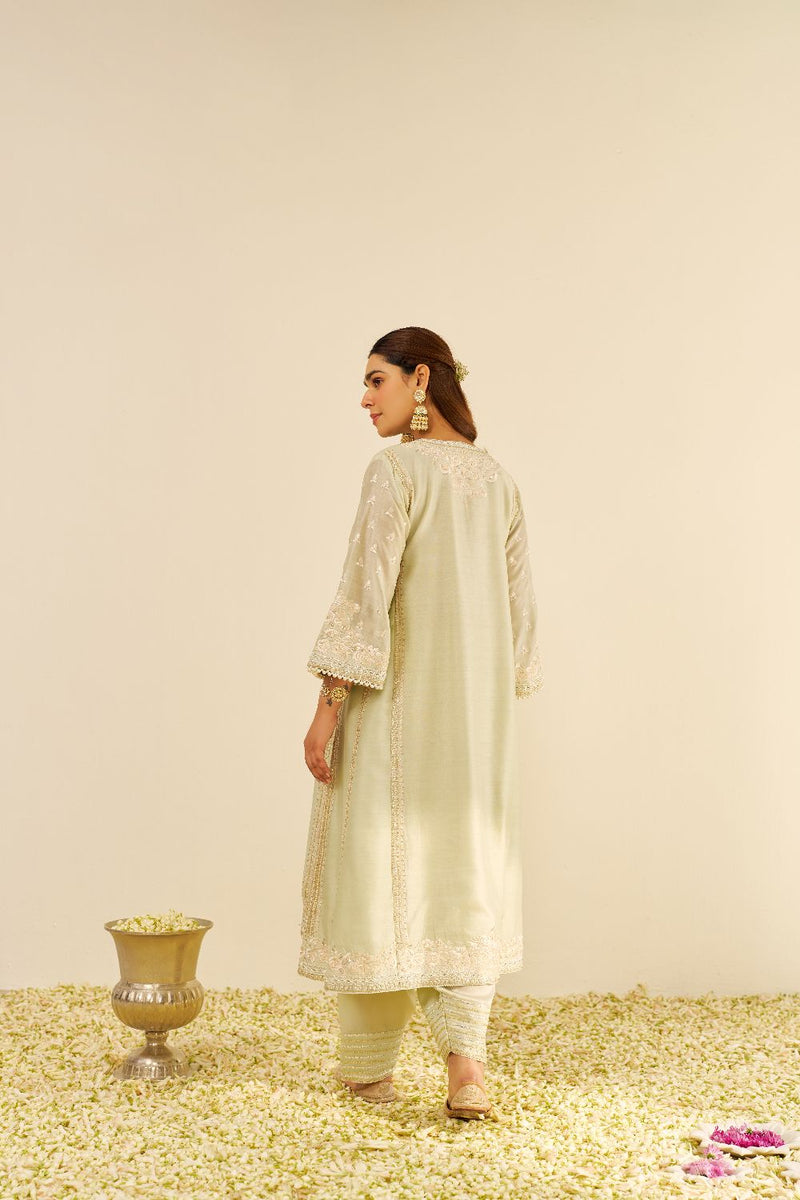 Maaroofa - Long Chauga With Salwar-Mint Green silk by SHEETAL BATRA in mint color for women Worldwide
