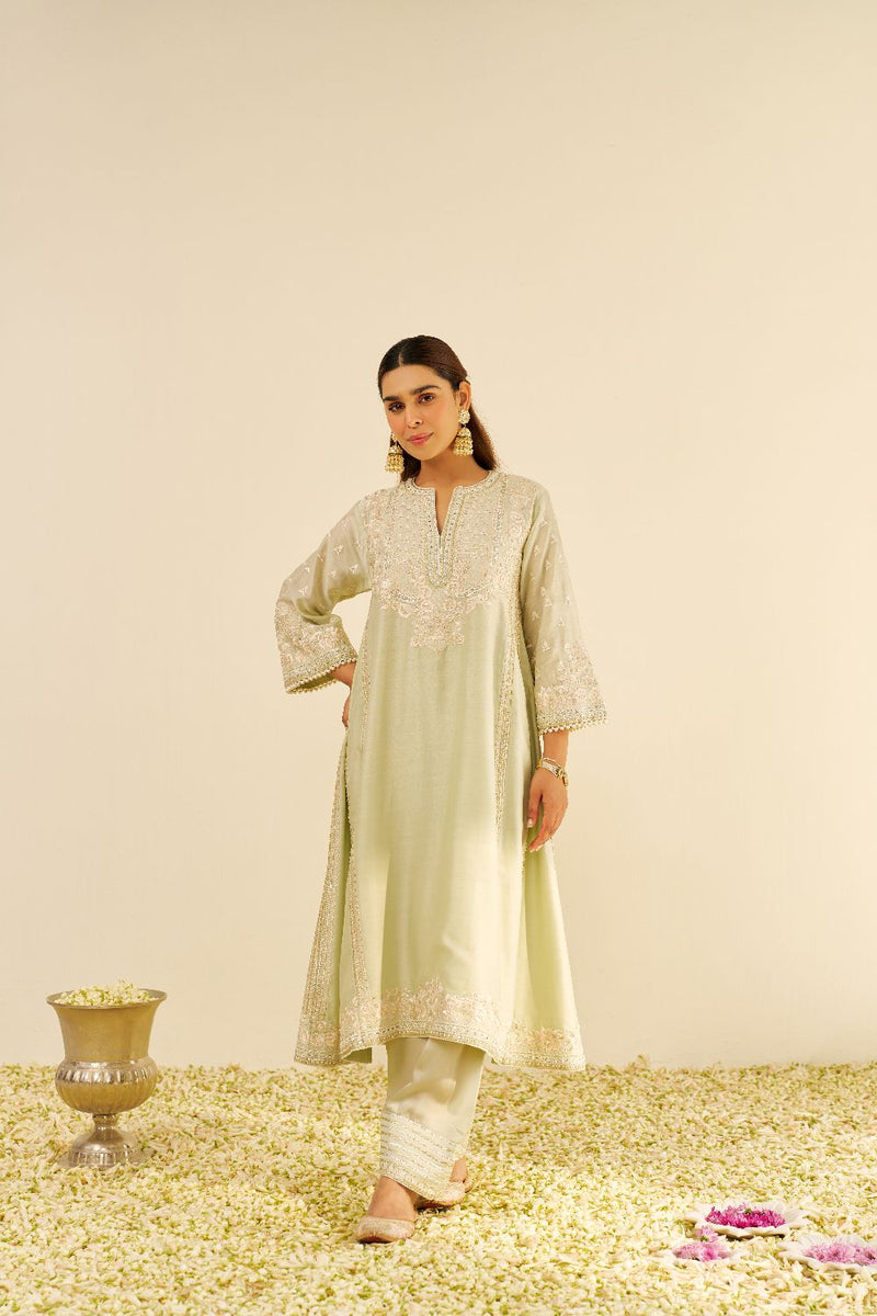 Maaroofa - Long Chauga With Salwar-Mint Green silk by SHEETAL BATRA in mint color for women Worldwide