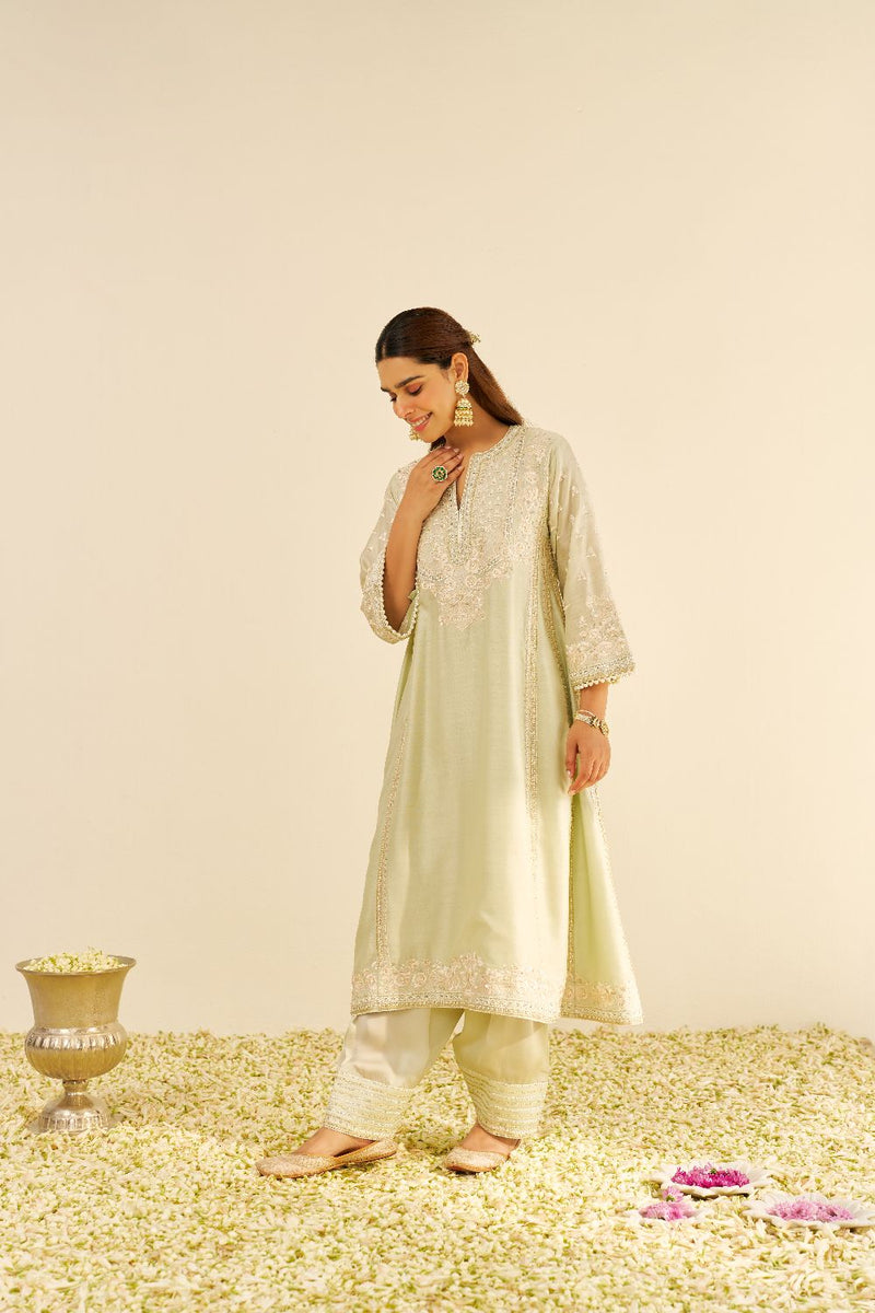 Maaroofa - Long Chauga With Salwar-Mint Green silk by SHEETAL BATRA in mint color for women Worldwide