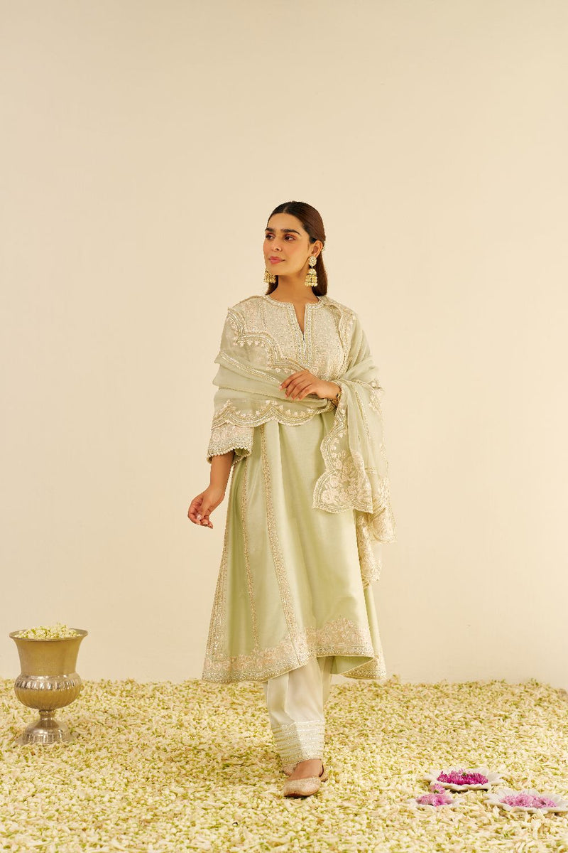 Maaroofa - Long Chauga With Salwar-Mint Green silk by SHEETAL BATRA in mint color for women Worldwide