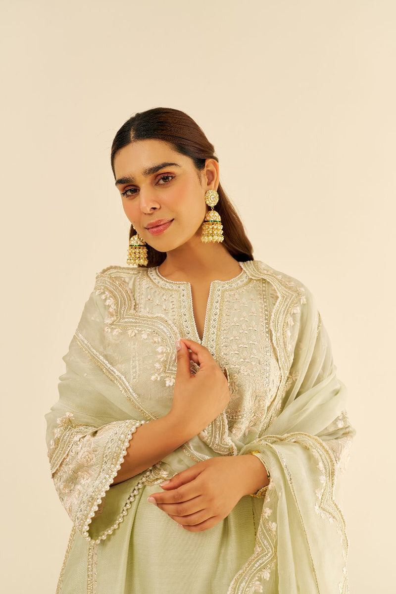 Maaroofa - Long Chauga With Salwar-Mint Green silk by SHEETAL BATRA in mint color for women Worldwide