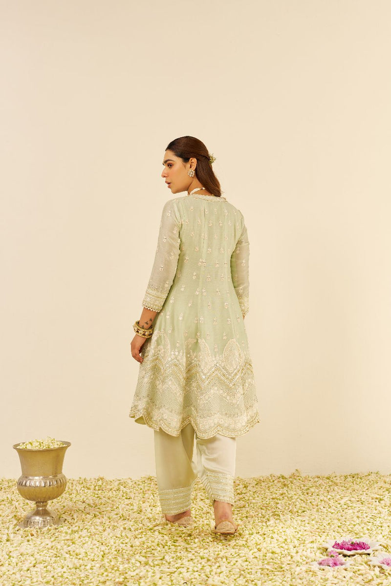 Meeram - Short Anarkali With Salwar And Dupatta-Mint Green silk by SHEETAL BATRA in mint color for women Worldwide