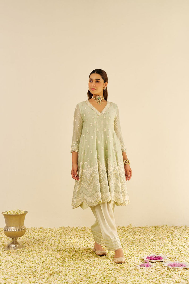 Meeram - Short Anarkali With Salwar And Dupatta-Mint Green silk by SHEETAL BATRA in mint color for women Worldwide