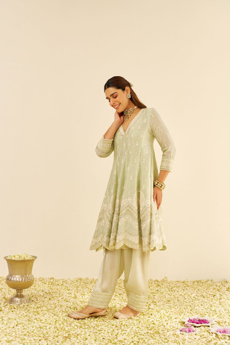 Meeram - Short Anarkali With Salwar And Dupatta-Mint Green silk by SHEETAL BATRA in mint color for women Worldwide