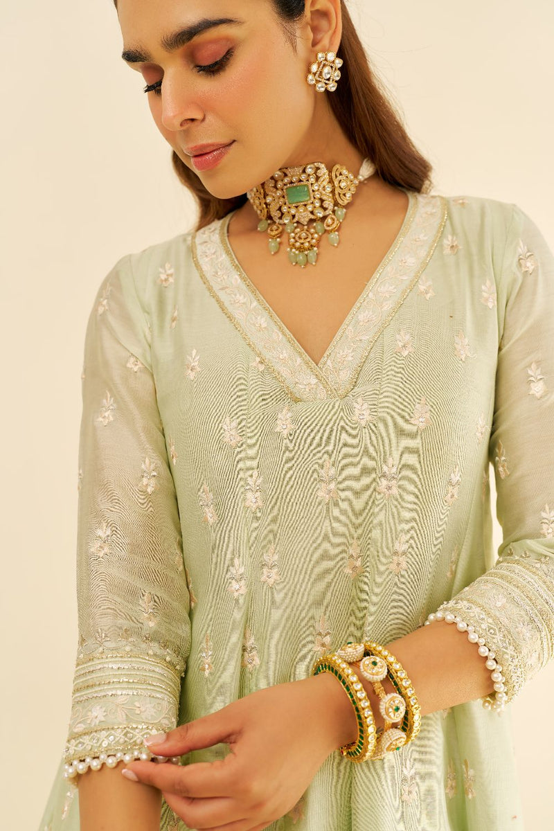 Meeram - Short Anarkali With Salwar And Dupatta-Mint Green silk by SHEETAL BATRA in mint color for women Worldwide