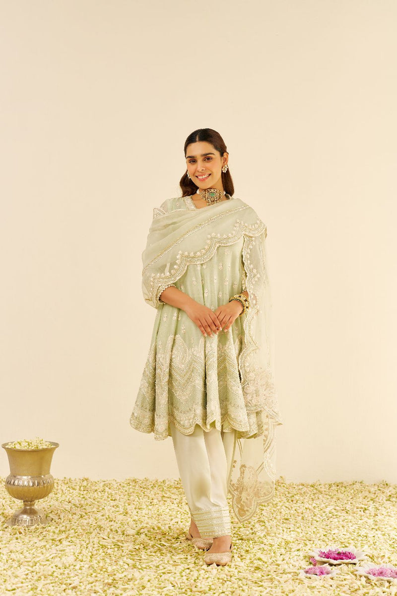 Meeram - Short Anarkali With Salwar And Dupatta-Mint Green silk by SHEETAL BATRA in mint color for women Worldwide
