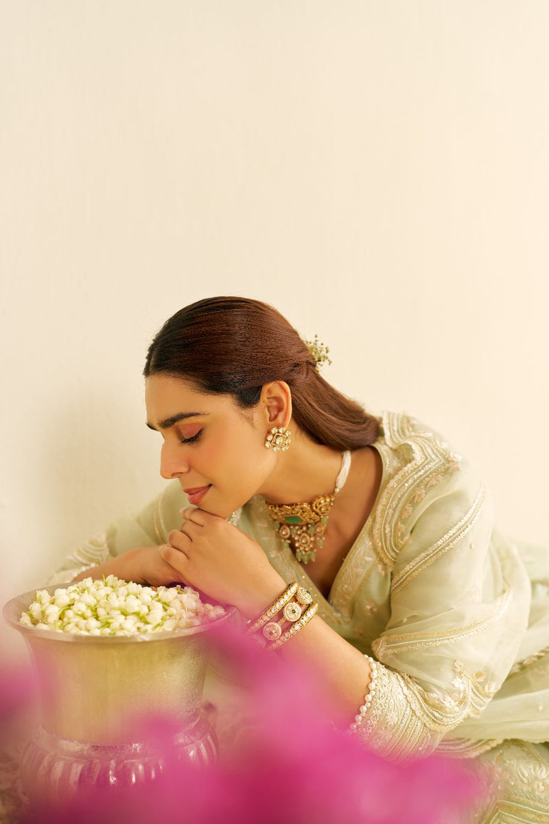 Meeram - Short Anarkali With Salwar And Dupatta-Mint Green silk by SHEETAL BATRA in mint color for women Worldwide