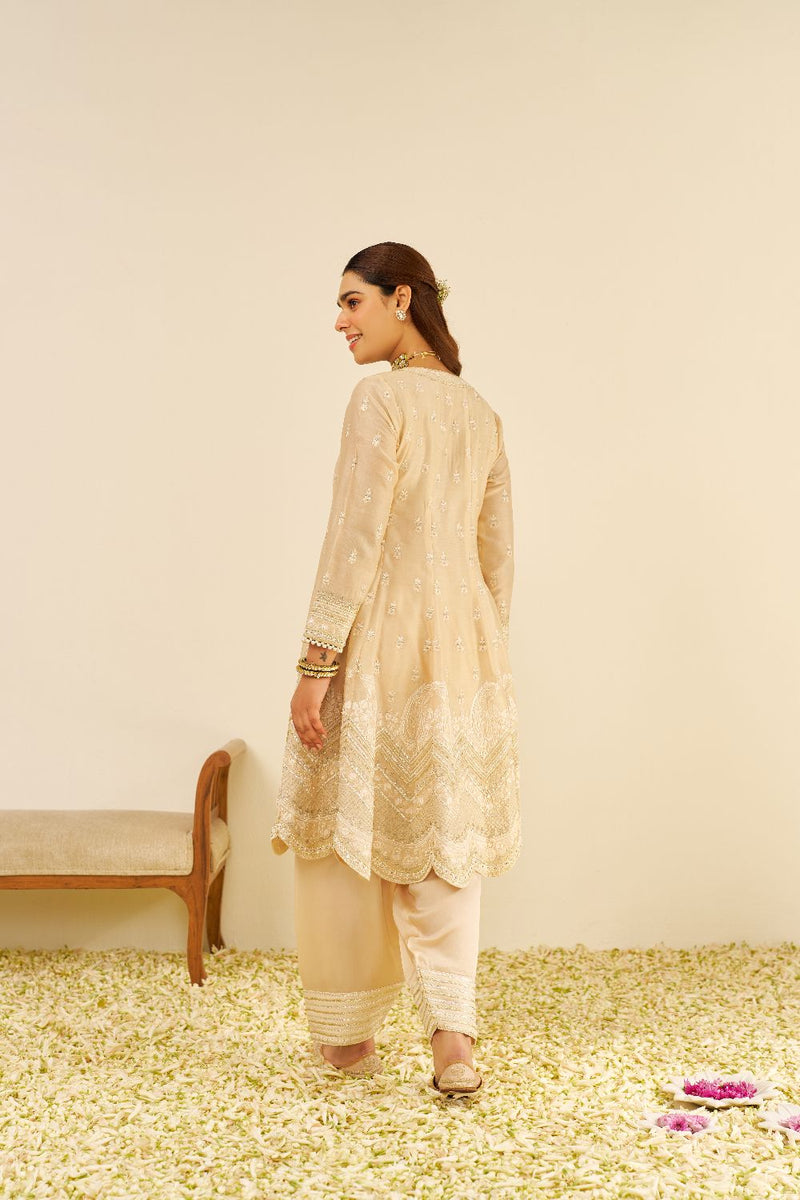 Meeram - Short Anarkali With Salwar And Dupatta-Beige silk by SHEETAL BATRA in beige color for women Worldwide