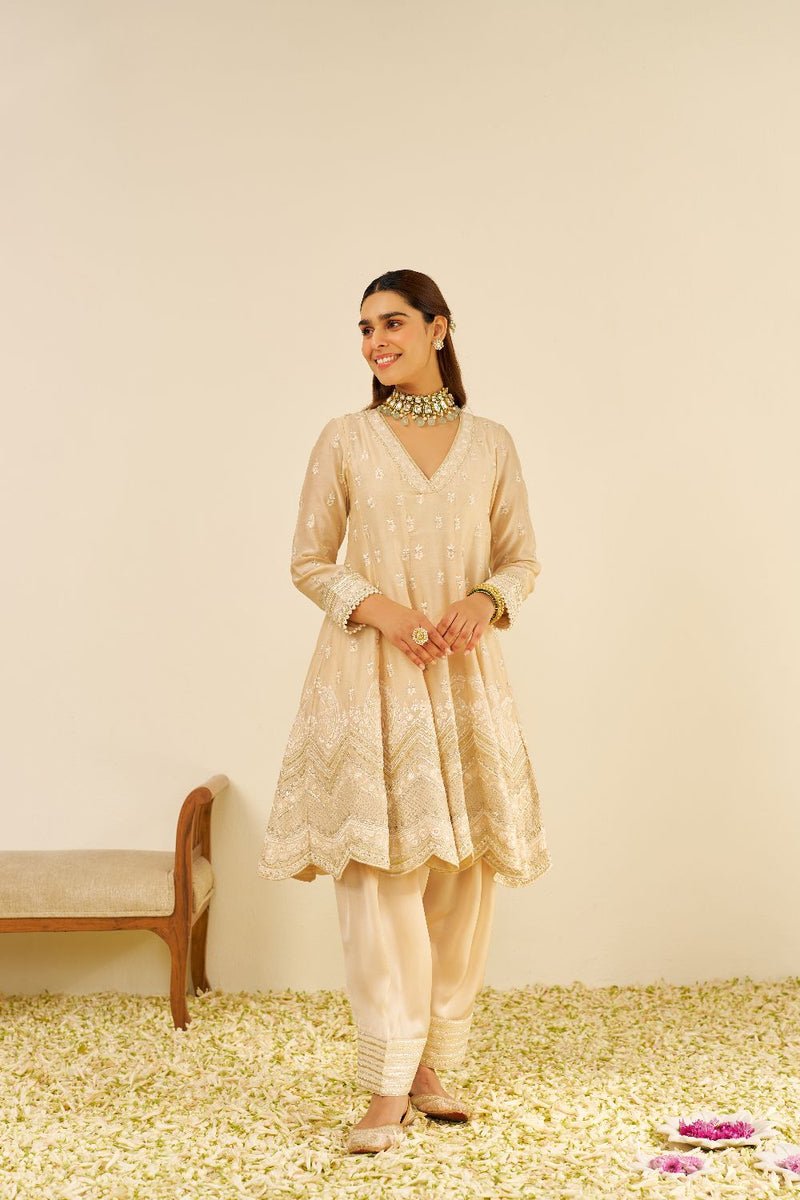 Meeram - Short Anarkali With Salwar And Dupatta-Beige silk by SHEETAL BATRA in beige color for women Worldwide