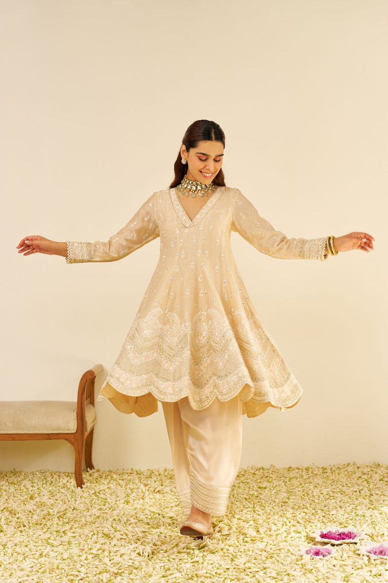 Meeram - Short Anarkali With Salwar And Dupatta-Beige silk by SHEETAL BATRA in beige color for women Worldwide
