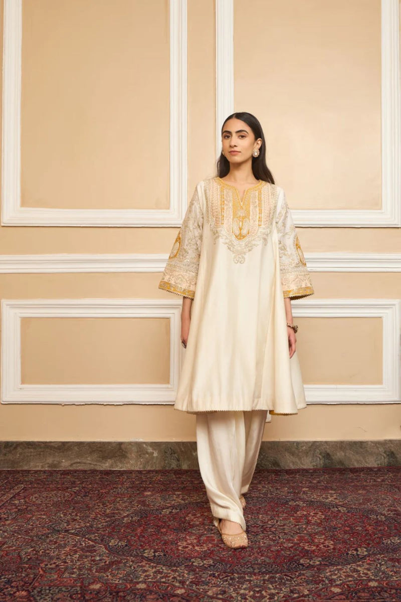 Mohsina Chauga with Salwar-Daisy ivory silk by SHEETAL BATRA in ivory color for women Worldwide