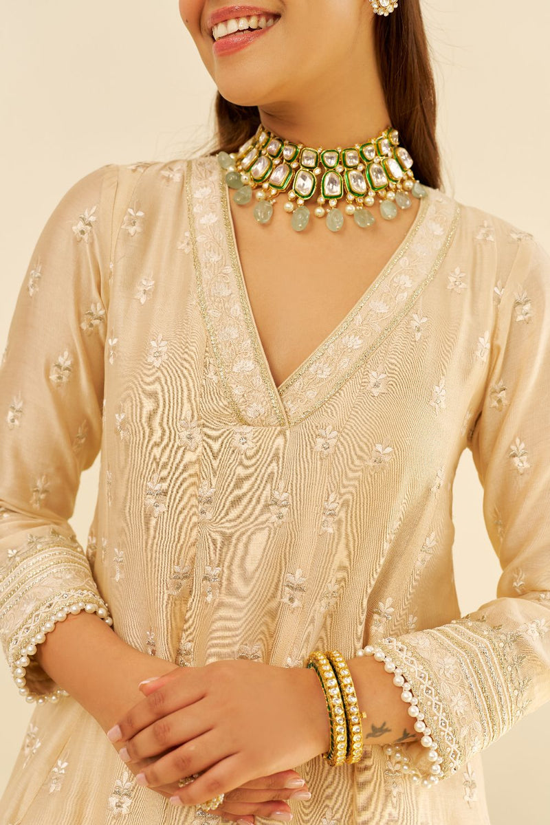 Meeram - Short Anarkali With Salwar And Dupatta-Beige silk by SHEETAL BATRA in beige color for women Worldwide