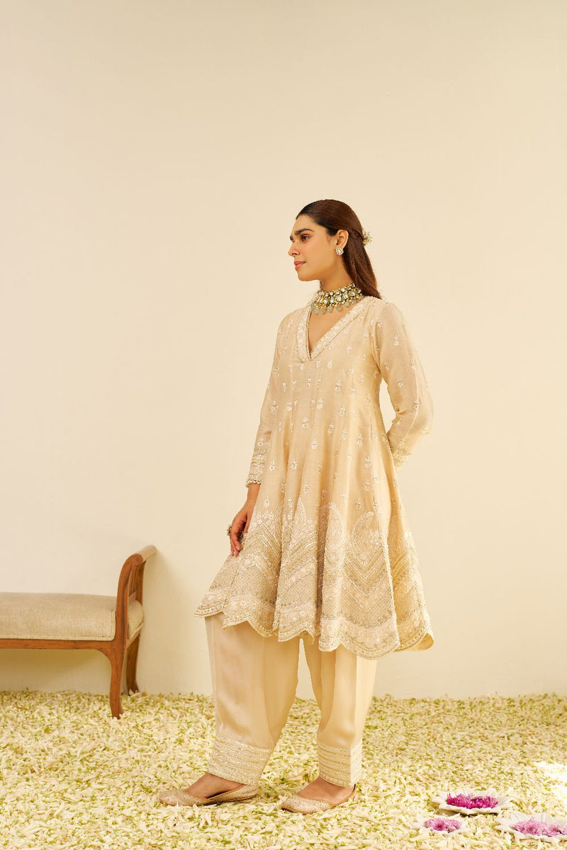Meeram - Short Anarkali With Salwar And Dupatta-Beige silk by SHEETAL BATRA in beige color for women Worldwide