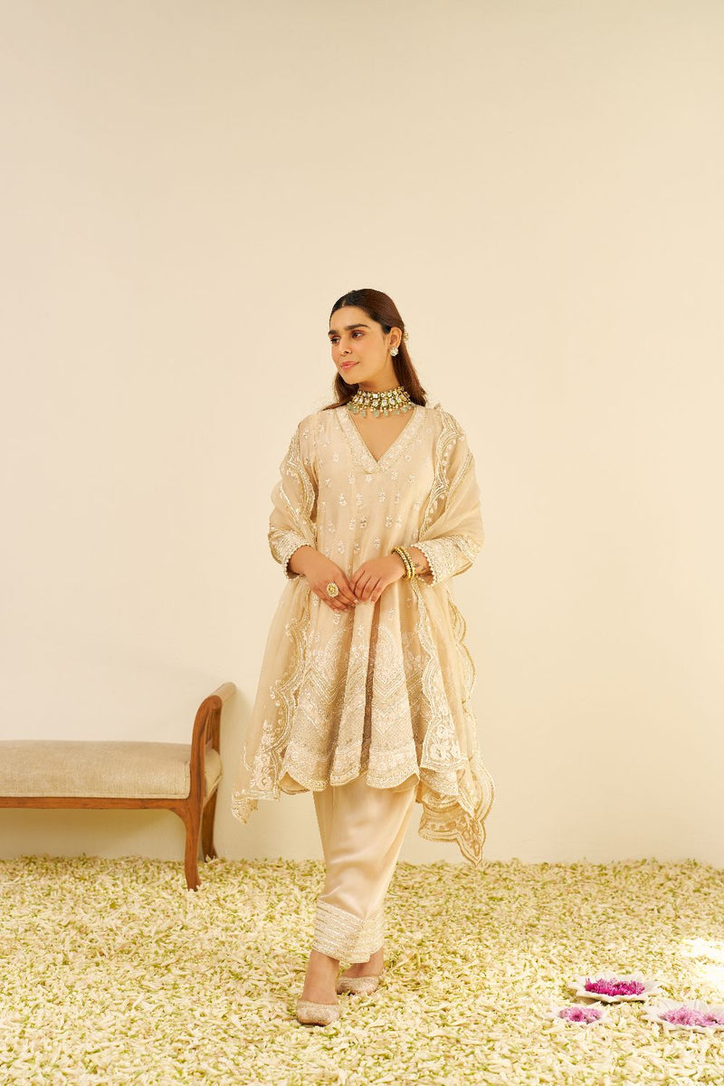 Meeram - Short Anarkali With Salwar And Dupatta-Beige silk by SHEETAL BATRA in beige color for women Worldwide