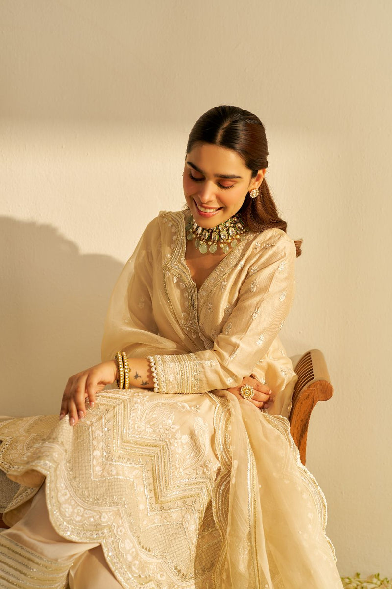 Meeram - Short Anarkali With Salwar And Dupatta-Beige silk by SHEETAL BATRA in beige color for women Worldwide