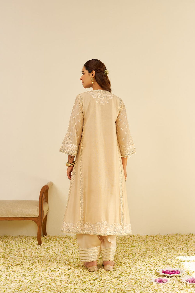 Maaroofa - Long Chauga With Salwar-Beige silk by SHEETAL BATRA in beige color for women Worldwide